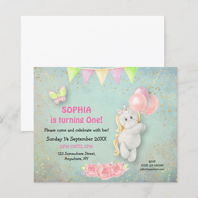 Papier Budget Cute Unicorn Première Invitation Anniversai (Devant / Derrière)