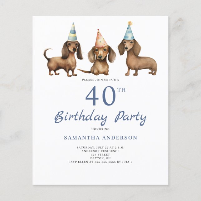 Papier Budget Dachshund Chien 40e anniversaire Invitation (Devant)