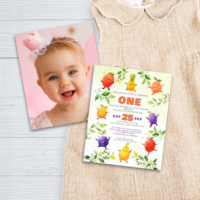 Papier Budget Dancing Fruit 1er anniversaire de fête Phot (Front and back view)