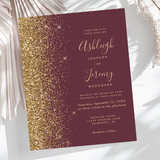 Papier Budget Dark Burgundy Gold Glitter Wedding Invite (Créateur téléchargé)