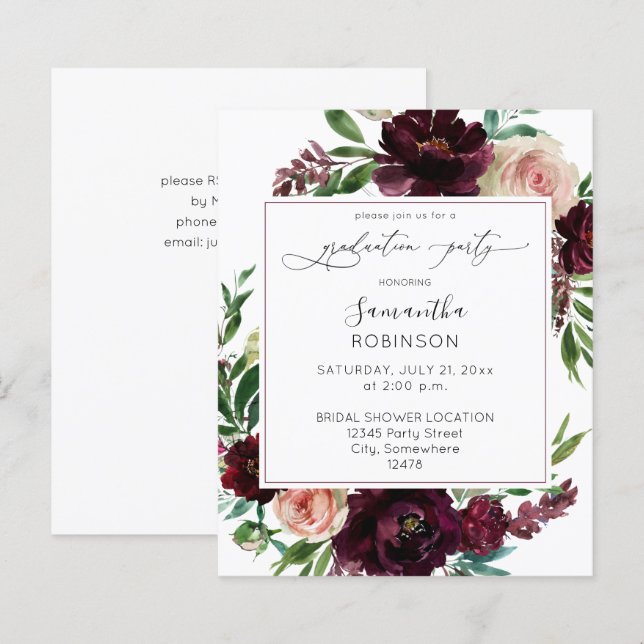 Papier Budget Dark Burgundy & Pink Floral Graduation Part (Devant / Derrière)