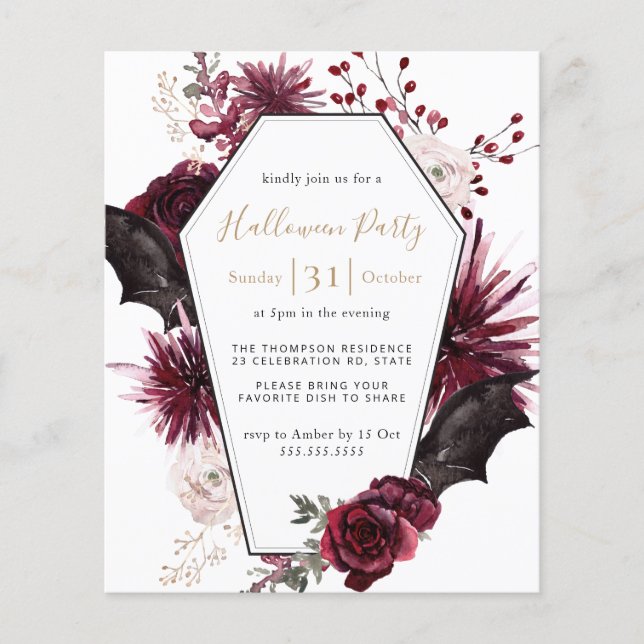 Papier Budget Dark Floral Bourgogne Halloween Invitation (Devant)