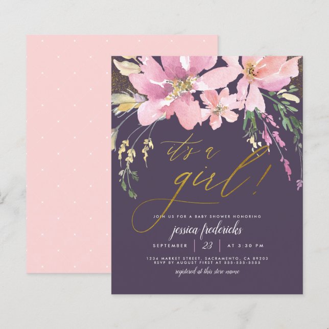 Papier Budget Dark Purple & Gold Girl Baby shower floral (Devant / Derrière)