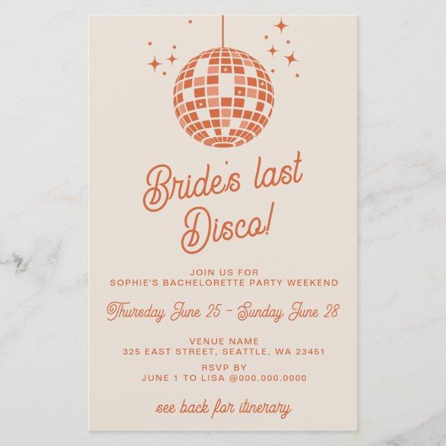 Papier Budget Dernier Disco Itinéraire Bachelorette Party (Devant)