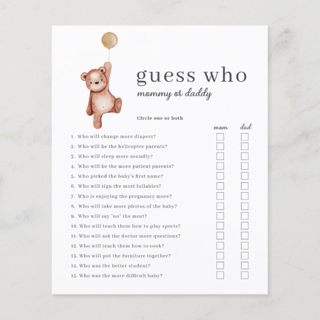 Papier Budget Devinez Qui Baby shower Jeu Neutre Hommes E (Devant)