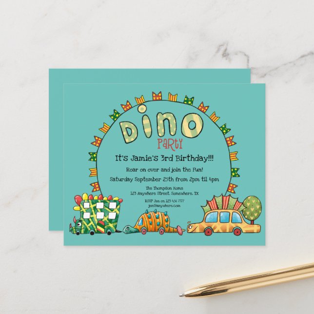 Papier Budget Dino Cars Dinosaur Boys Invitation Annivers (Devant/Arrière en situation)