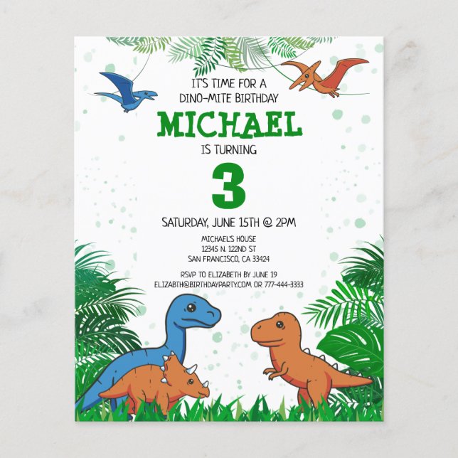 Papier Budget Dinosaur Enfants Dino Trex Invitation Anniv (Devant)