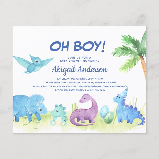 Papier BUDGET Dinosaur Oh Boy Baby shower Invitation (Devant)