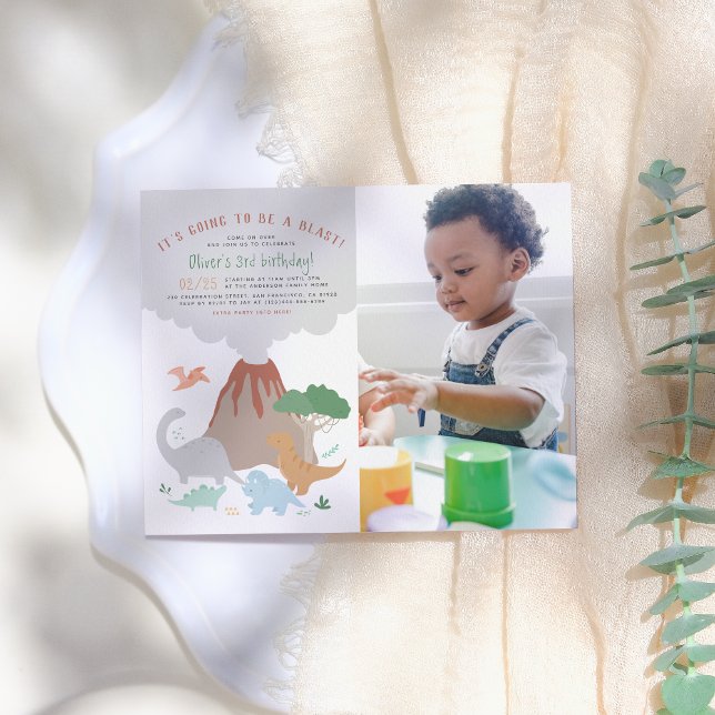 Papier Budget Dinosaur & Volcano Boy Photo Anniversaire (Créateur téléchargé)