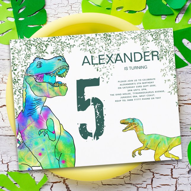 Papier Budget d'invitation à la fête d'anniversaire du di (T-Rex and velociraptor dinosaur jungle 5th birthday party green budget invitation )