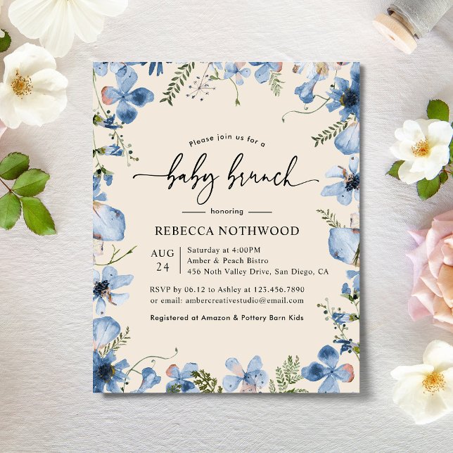 Papier Budget Dusky Blue Flora Baby Brunch Invitation (Créateur téléchargé)