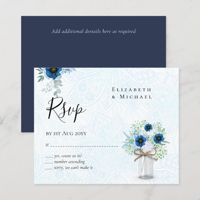 Papier BUDGET Dusté bleu floral RSVP monochromatique (Devant / Derrière)