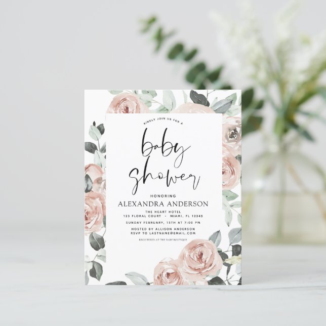 Papier Budget Dusty Baby shower rose Floral Invitation (Debout devant)