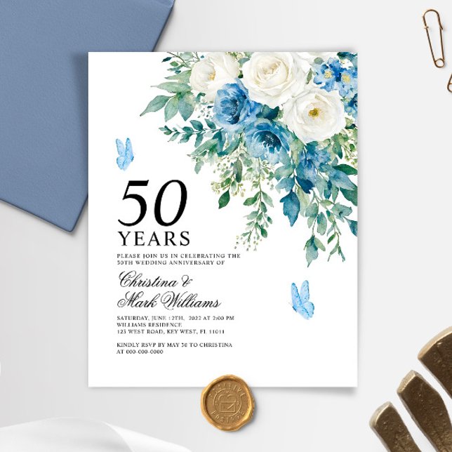 Papier Budget Dusty Blue 50th Wedding Anniversary Invite (Créateur téléchargé)