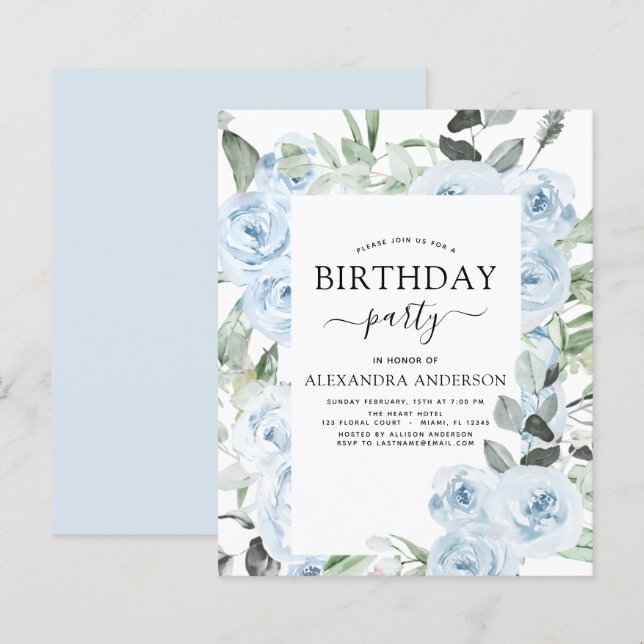 Papier Budget Dusty Blue Anniversaire Fête Florale Invita (Devant / Derrière)