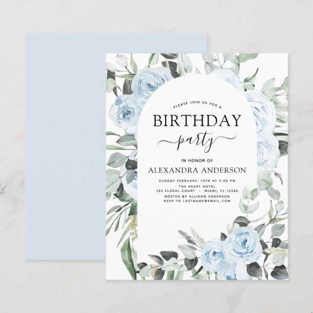 Papier Budget Dusty Blue Anniversaire Fête Florale Invita (Devant / Derrière)