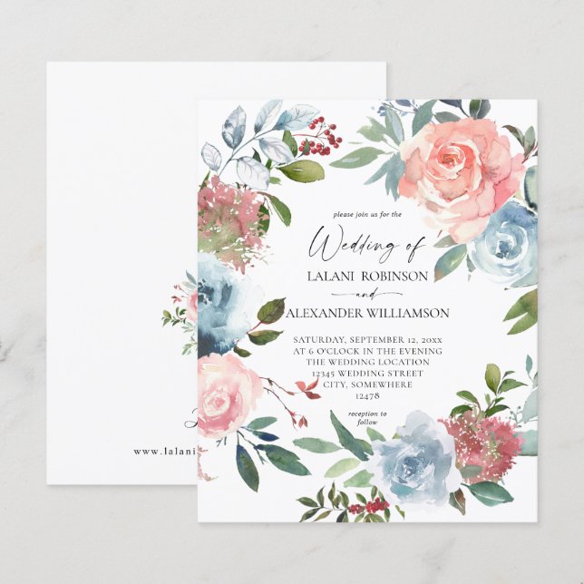 Papier Budget Dusty Blue Baby & Blush Pink Floral Mariage (Devant / Derrière)
