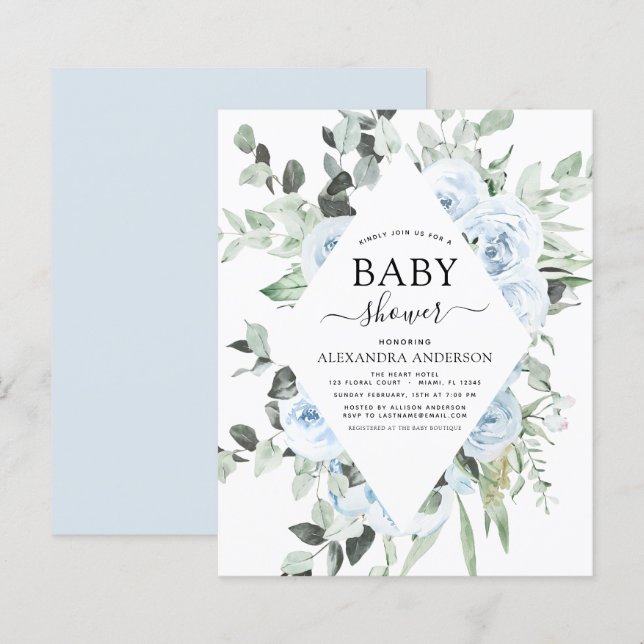 Papier Budget Dusty Blue Baby shower Floral Invitation (Devant / Derrière)