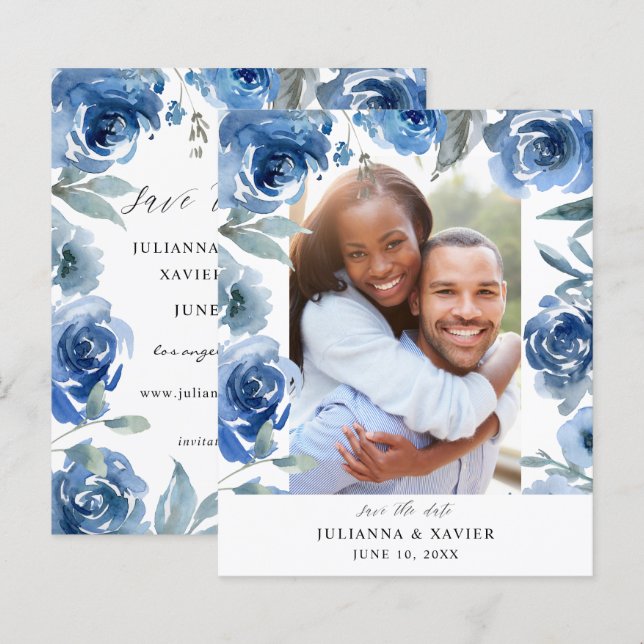 Papier Budget Dusty Blue & Blu Floral Enregistrer la date (Devant / Derrière)