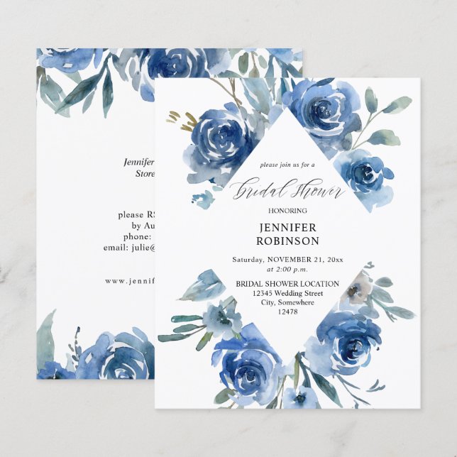 Papier Budget Dusty Blue & Blue Floral Fête des mariées (Devant / Derrière)