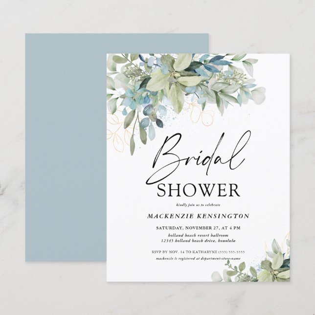 Papier Budget Dusty Blue Eucalyptus Fête des mariées (Devant / Derrière)