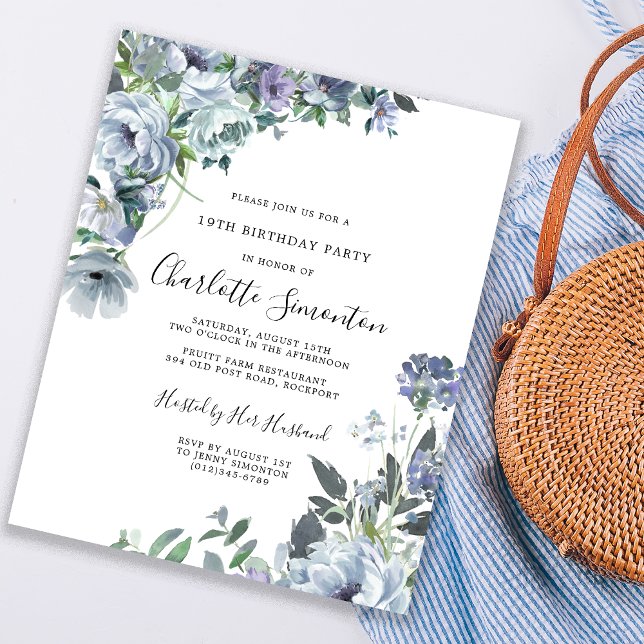 Papier Budget Dusty Blue Floral 19e anniversaire Invitati (Créateur téléchargé)