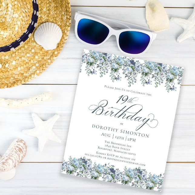 Papier Budget Dusty Blue Floral 19e anniversaire Invitati (Créateur téléchargé)