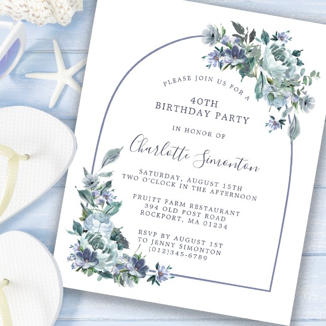 Papier Budget Dusty Blue Floral 40e anniversaire Invitati (Créateur téléchargé)