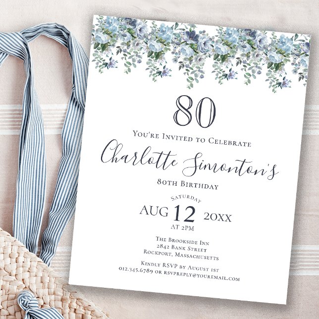 Papier Budget Dusty Blue Floral 80e anniversaire Invitati (Créateur téléchargé)