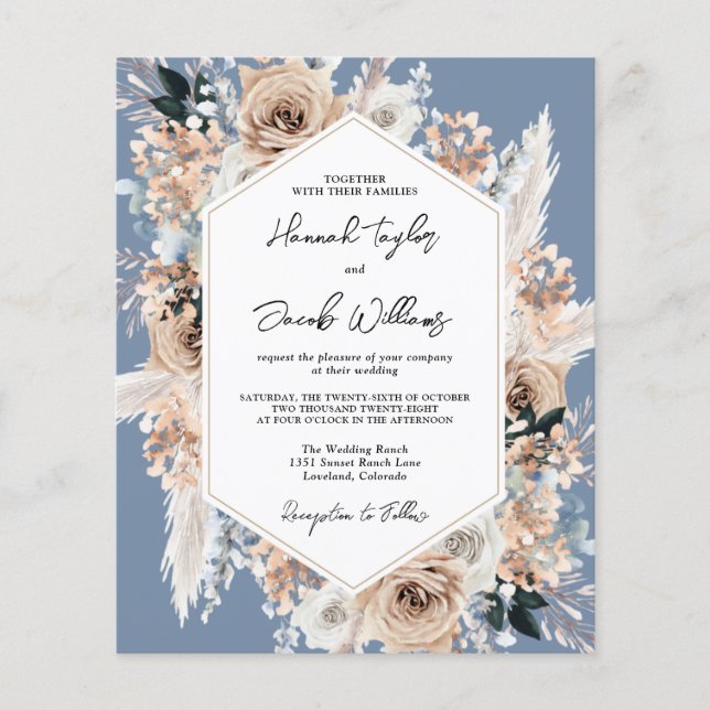 Papier Budget Dusty Blue Floral Boho Faire-part de mariag (Devant)
