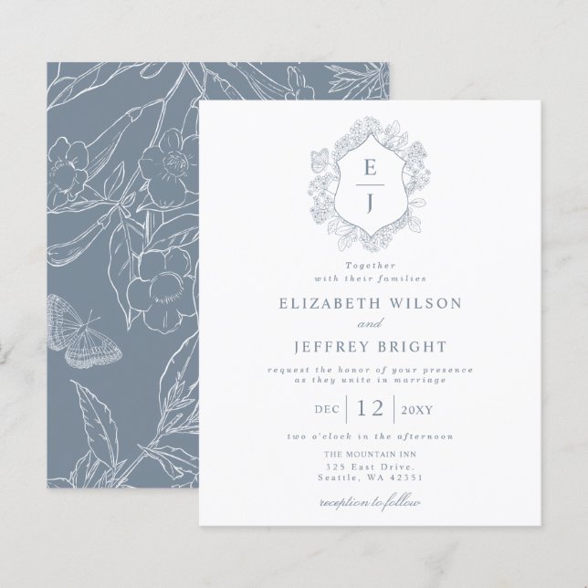 Papier Budget Dusty Blue Floral Crest Monogramme Invitati (Devant / Derrière)