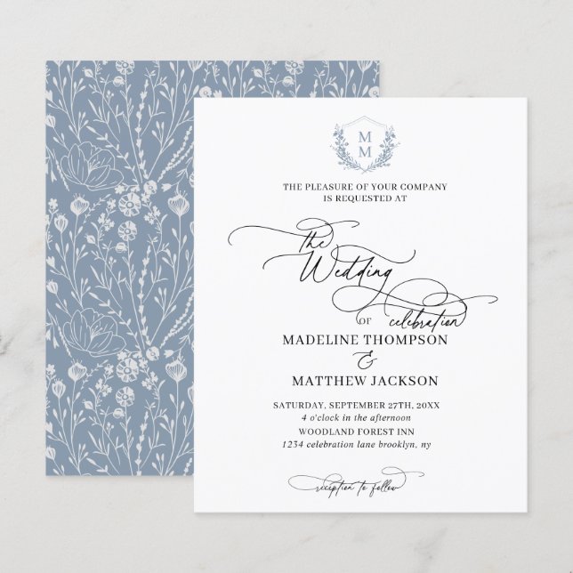 Papier Budget Dusty Blue Floral Crest Monogramme Mariage (Devant / Derrière)