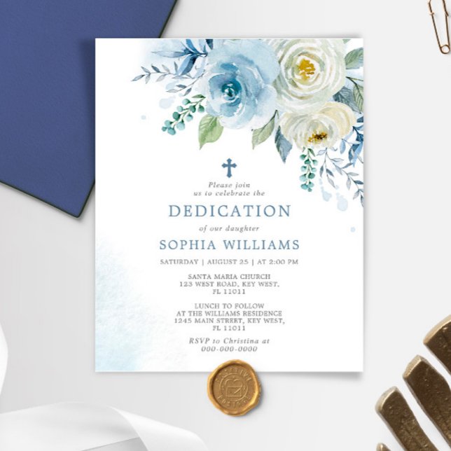 Papier Budget Dusty Blue Floral Dedication Invitation (Créateur téléchargé)