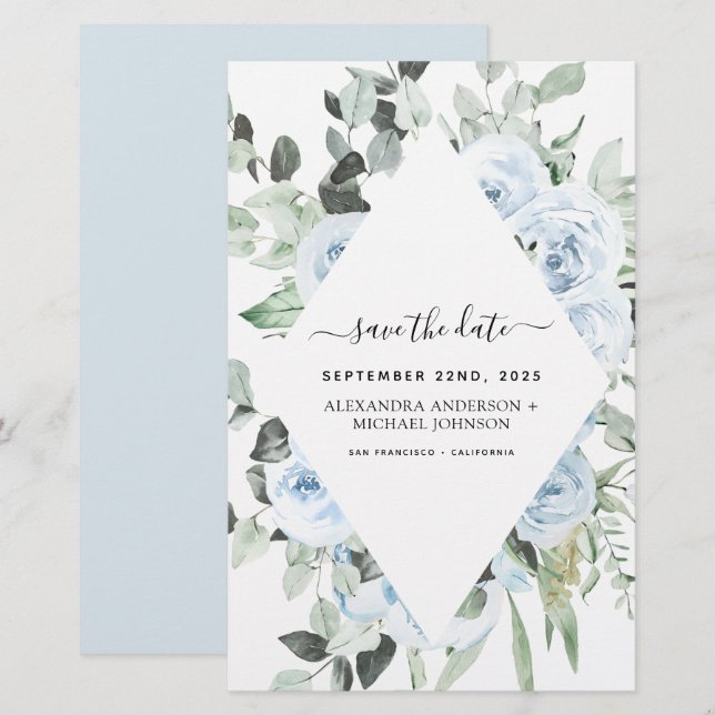 Papier Budget Dusty Blue Floral Enregistrer la date Verdu (Devant / Derrière)
