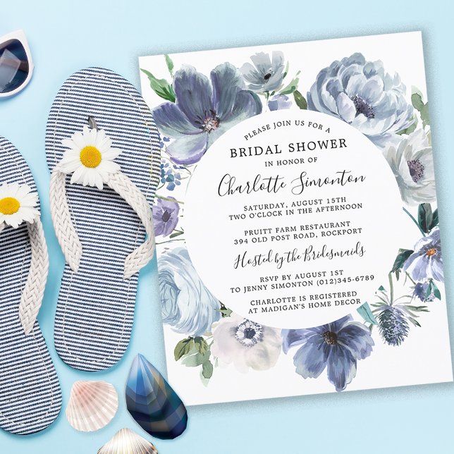 Papier Budget Dusty Blue Floral Fête des mariées Invitati (Coastal Chic Dusty Blue Bridal Shower Invitation)
