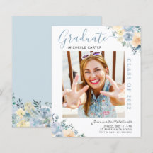 Budget Dusty Blue Floral Graduation Faire-part