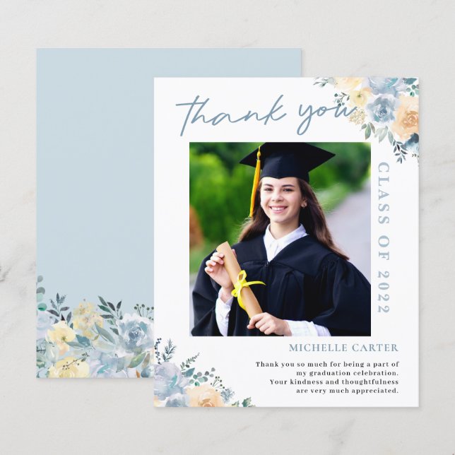 Papier Budget Dusty Blue Floral Graduation Merci (Devant / Derrière)