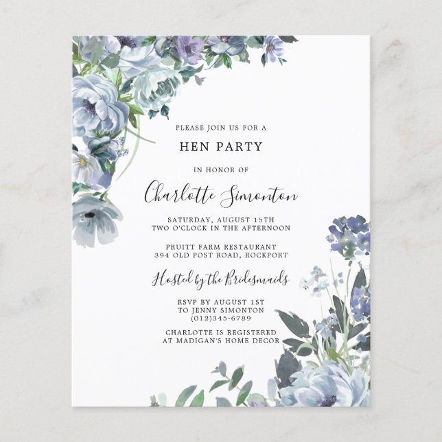 Papier Budget Dusty Blue Floral Hen Party Invitation (Devant)