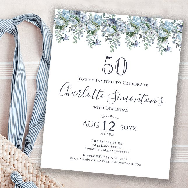 Papier Budget Dusty Blue Floral Invitation 50e anniversai (Créateur téléchargé)