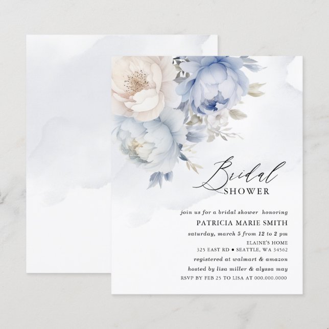 Papier Budget Dusty Blue Floral Invitations de douche nup (Devant / Derrière)