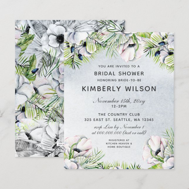 Papier Budget Dusty Blue Floral Invitations de douche nup (Devant / Derrière)