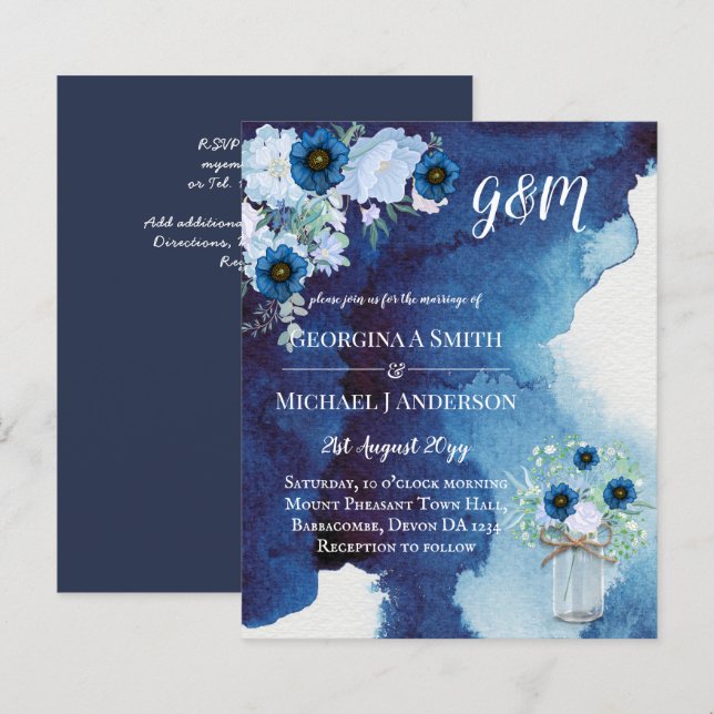 Papier BUDGET Dusty Blue Floral Mariage Invitation (Devant / Derrière)