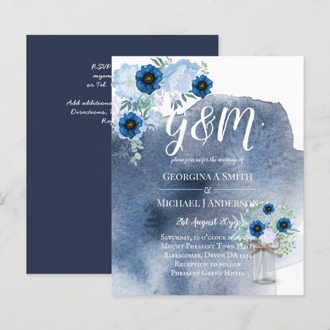 Papier BUDGET Dusty Blue Floral Mariage Invitation (Devant / Derrière)