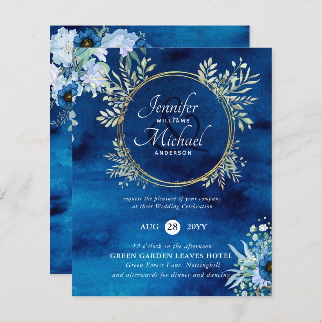 Papier BUDGET Dusty Blue Floral Mariage Invitation (Devant / Derrière)