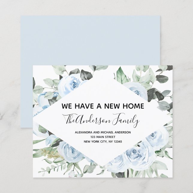 Papier Budget Dusty Blue Floral Moving Faire-part (Devant / Derrière)