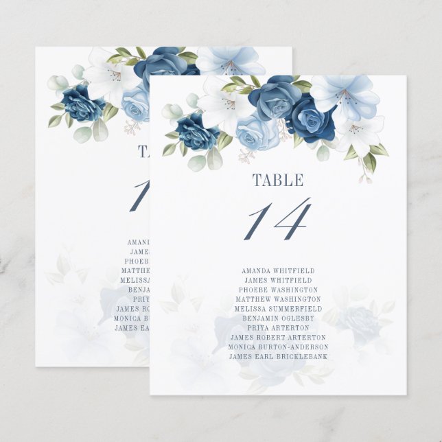 Papier Budget Dusty Blue Floral Numéro de table et siège (Devant / Derrière)