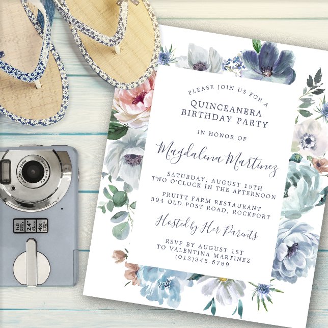 Papier Budget Dusty Blue Floral Quinceanera Invitation (Créateur téléchargé)