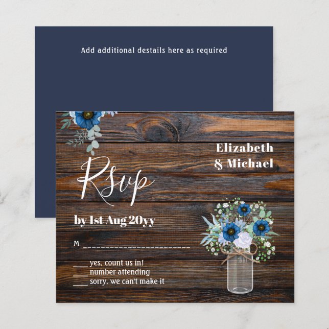 Papier BUDGET Dusty Blue Floral RSVP Rustique Mariage (Devant / Derrière)