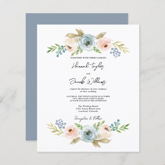 Papier Budget Dusty Blue Floral Rustic Wedding Invitation (Devant / Derrière)
