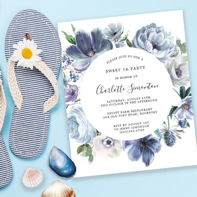 Papier Budget Dusty Blue Floral Sweet 16 Anniversaire Inv (Créateur téléchargé)